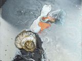 un tableau représentant un enfant jouant au frisbee dans la neige