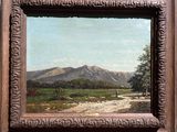a picture of a painting of a landscape with a mountain in the background