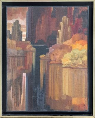 une image d'un tableau représentant une ville au bord de l'eau