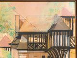 a painting of a water wheel in front of a building