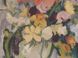 a painting of flowers in a vase on a table