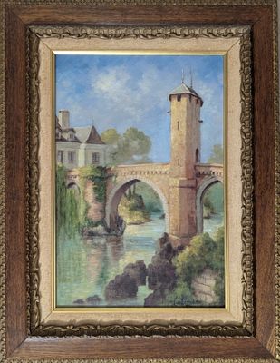 une peinture à l'huile représentant un pont sur une rivière avec un château à l'arrière-plan