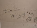 drawing of a group of people riding horses in a field