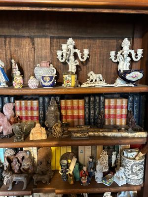 une bibliothèque sur laquelle sont disposés de nombreux livres et figurines