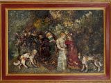 an image of a painting of people and dogs in a wooded setting