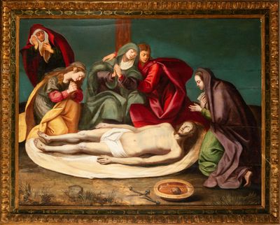 tableau représentant Jésus sur la croix, entouré d'autres personnes