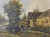 a painting of a farm scene with a man and a dog