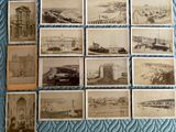 several old black and white photos of a train and a building