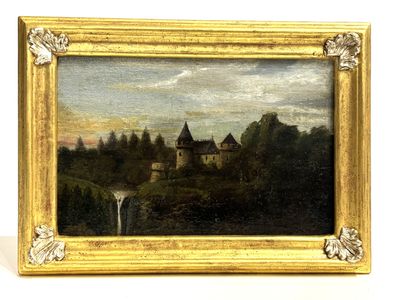 an image of a painting of a castle with a waterfall in the foreground