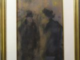 tableau représentant deux hommes coiffés de chapeaux et vêtus de manteaux, debout l'un à côté de l'autre