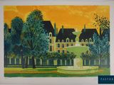 an image of a painting of a fountain in the middle of a park
