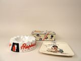 a bowl and a tray with a picture of a woman on it