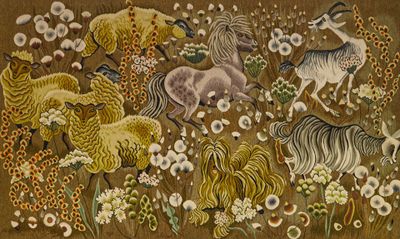 un tableau représentant des animaux dans un champ de fleurs