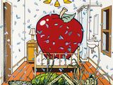 une peinture représentant une pomme posée sur un lit, dans une pièce où des confettis tombent du plafond