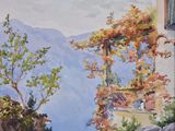 a painting of a house on the side of a mountain