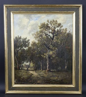 un tableau représentant un paysage boisé avec des arbres au premier plan