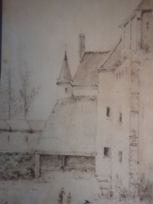 dessin au crayon représentant un grand bâtiment surmonté d'une tour