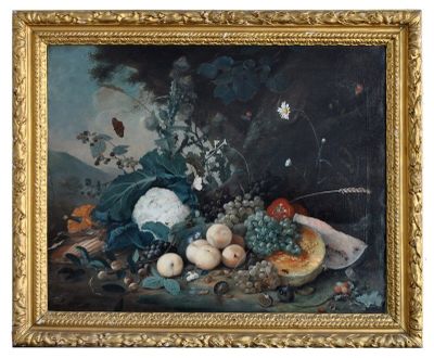 painting of a still life of fruit and vegetables on a table