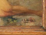an oil painting of a woman ' s hand holding a flower
