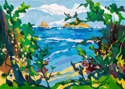 an oil painting of a view of the ocean through a forest