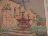 painting of a water fountain in front of a building with a cross on it