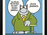 cartoon of a cat in a suit sitting at a desk with two speech bubbles above his head