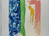 an image of a painting of a woman standing in front of a blue and green wall