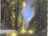 an oil painting of a forest scene with sun shining through the trees