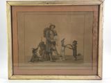 an old picture of a man and a child with a dog and a cat