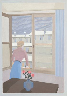 a painting of a woman standing in front of a window with flowers in a vase