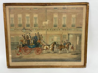 an old picture of a horse drawn carriage in front of a building