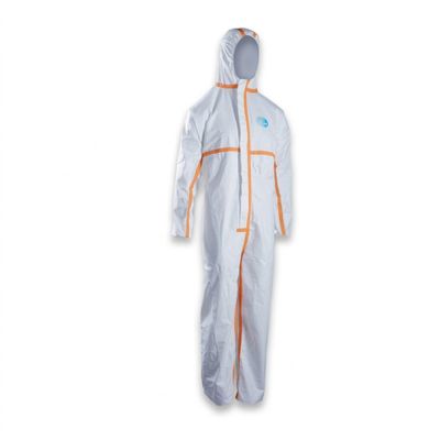 a white coverall with orange trims and a hood