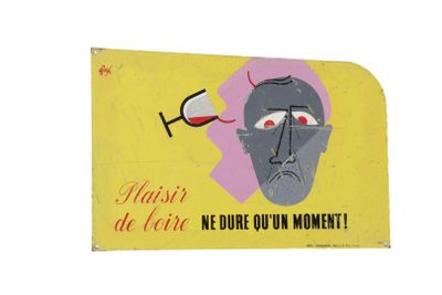 a yellow sign with a picture of a man drinking a glass of wine