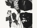 black and white drawing of a woman and a man with a bird on their head