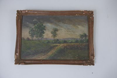 E. DEBRAINE (XIX-XX° siècle) « Paysage aux meules de foin » …