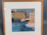 framed watercolor painting of a beach scene with a red boat