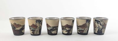 six shot glasses with a picture of a man and a woman on them