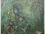 une peinture à l'huile représentant une femme tenant un bébé dans ses bras