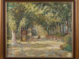 a painting of a path in a wooded area with trees