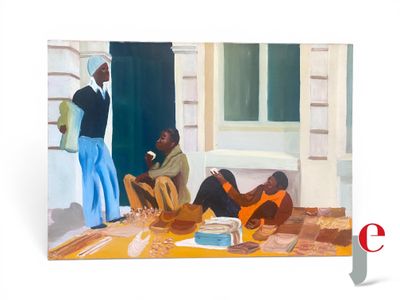 tableau représentant un groupe de personnes assises par terre devant un bâtiment