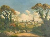 tableau représentant une route de campagne avec une église au loin