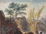 a painting of a man riding a horse in the mountains