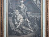 an old picture of a man and a woman sitting on a bed in a room
