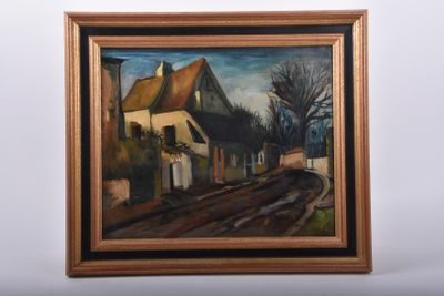an image of a painting of a street with a house in the background