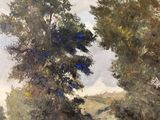 a painting of a man riding a horse down the road