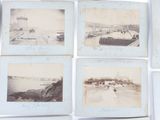 several old black and white photographs of people walking on a beach