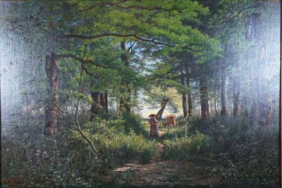 un tableau représentant un cerf dans les bois, au milieu des arbres