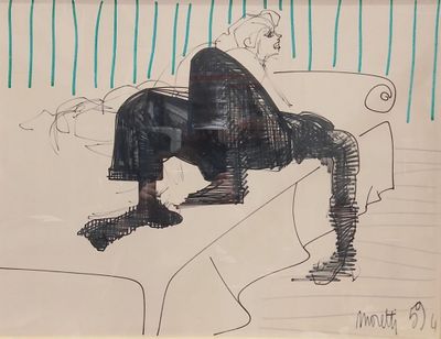 drawing of a woman sitting on a couch with her legs crossed