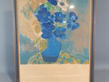 painting of blue flowers in a blue vase on a blue background
