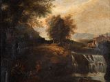 tableau représentant une rivière avec une cascade et un village au loin